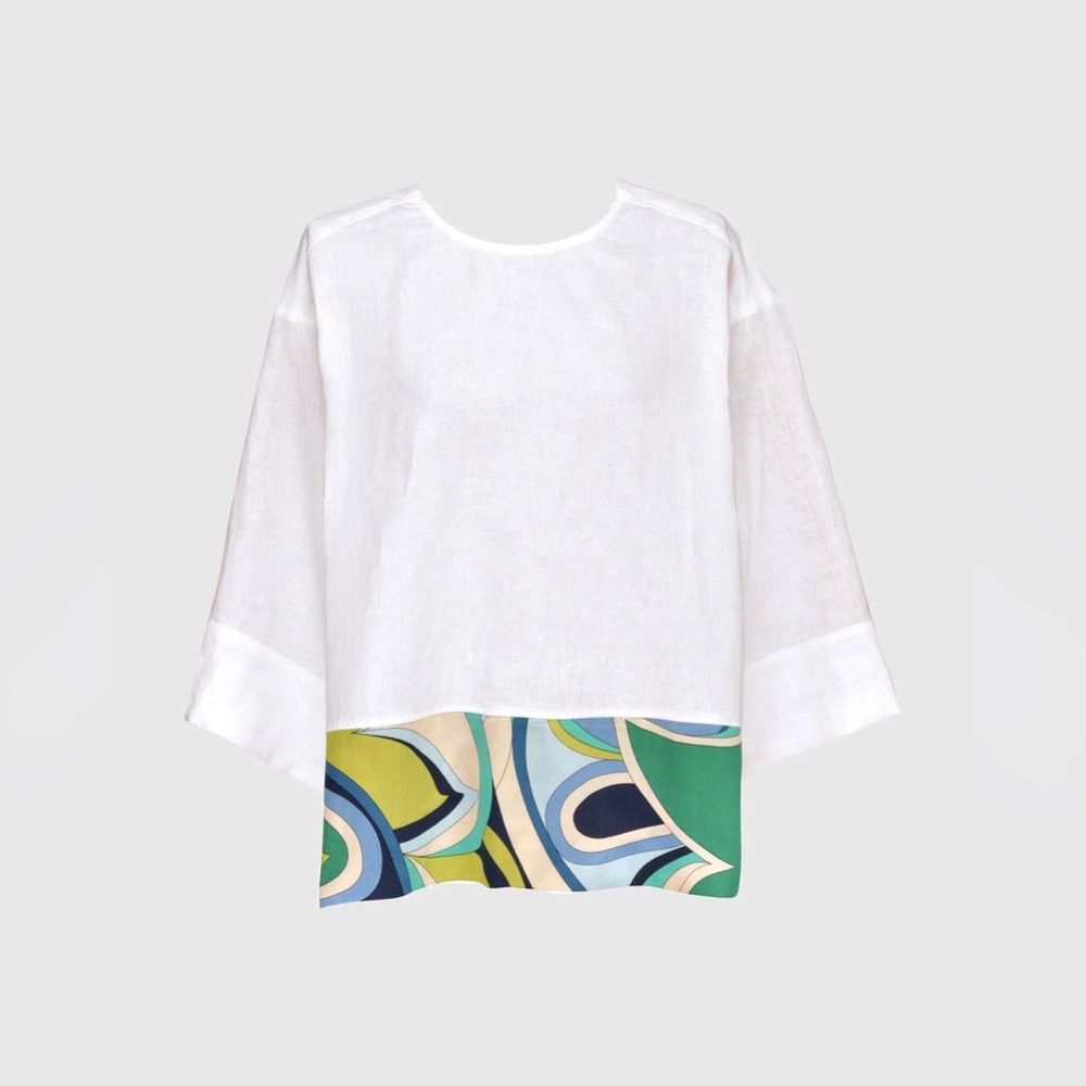 Alembika Lagoon Dot Linen Top White Mixed Print Tunic 3/4 Sleeve Size S (8–12)